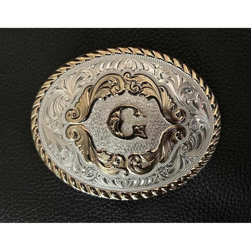NWB, Buckle, Montana Silversmith Style #0071. Silver Plated, Gold. Initial "G"